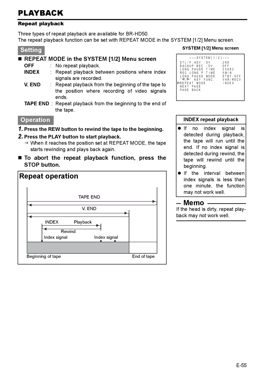 JVC BR-HD50E instruction manual „ Repeat Mode in the System 1/2 Menu screen, Repeat playback, Index repeat playback 