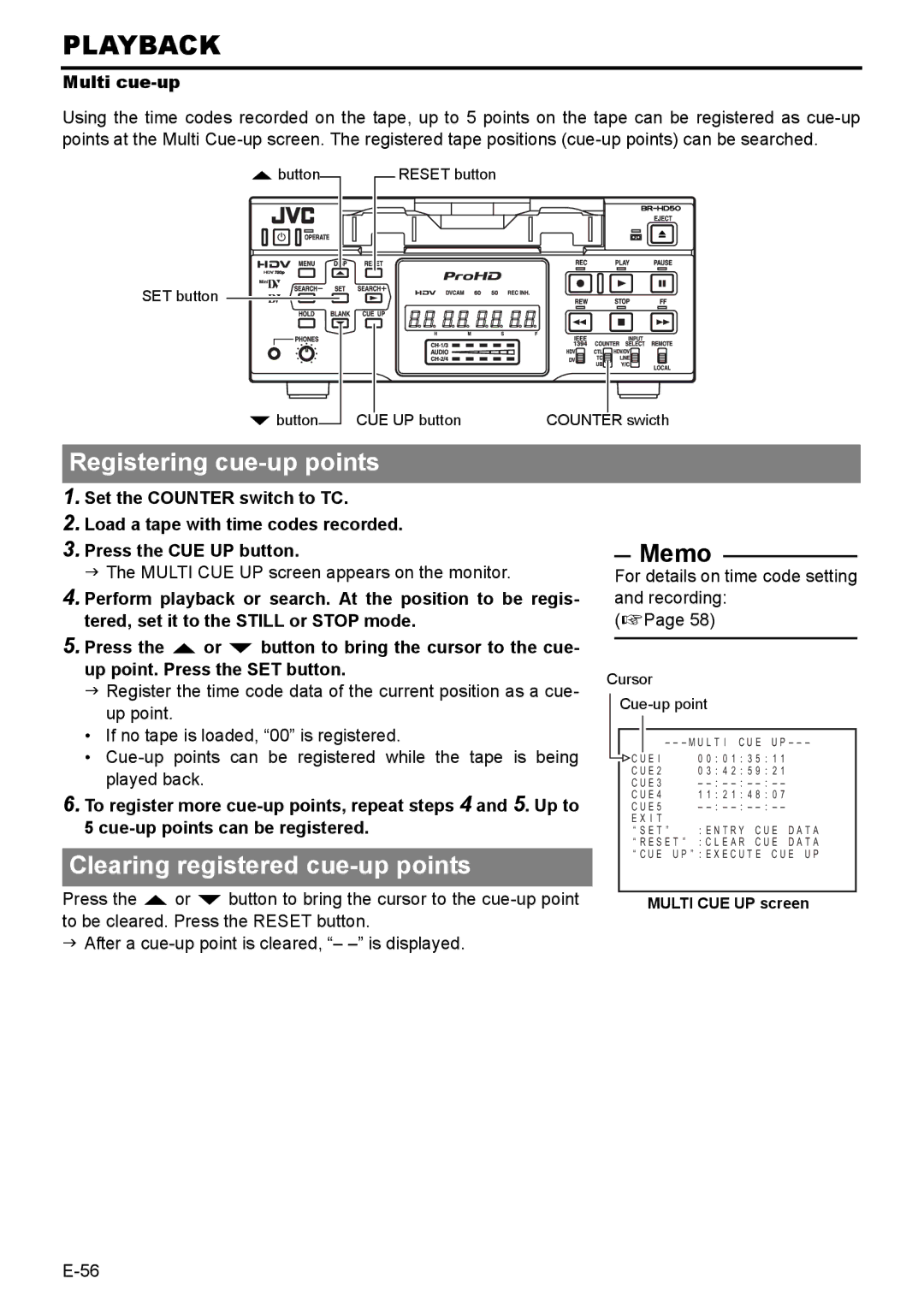 JVC BR-HD50E instruction manual Registering cue-up points, Clearing registered cue-up points, Multi cue-up 