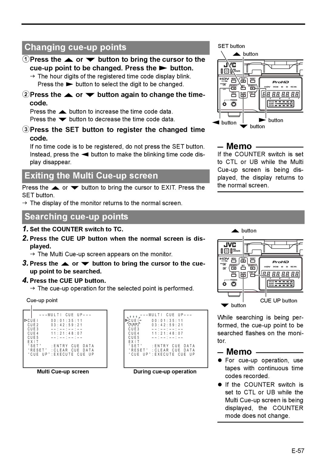 JVC BR-HD50E instruction manual Changing cue-up points, Exiting the Multi Cue-up screen, Searching cue-up points 