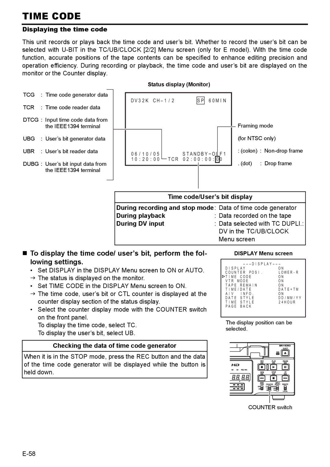 JVC BR-HD50E Time Code, Displaying the time code, During DV input, Checking the data of time code generator 