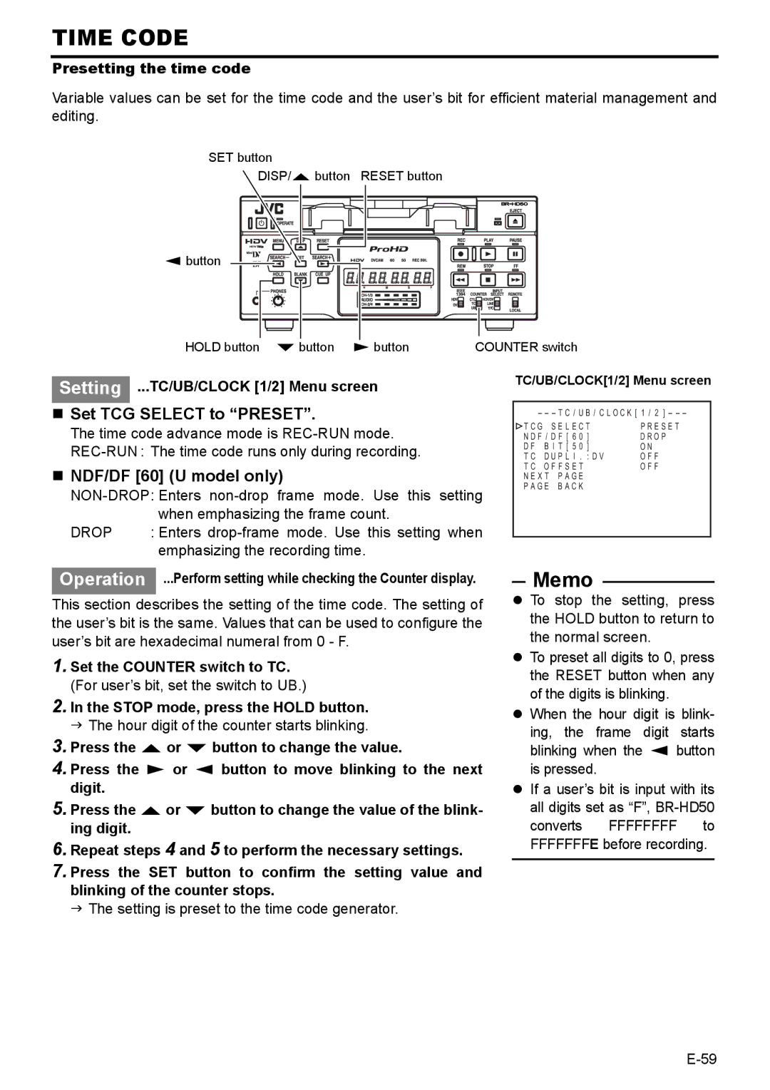 JVC BR-HD50E instruction manual „ Set TCG Select to Preset, „ NDF/DF 60 U model only, Presetting the time code 