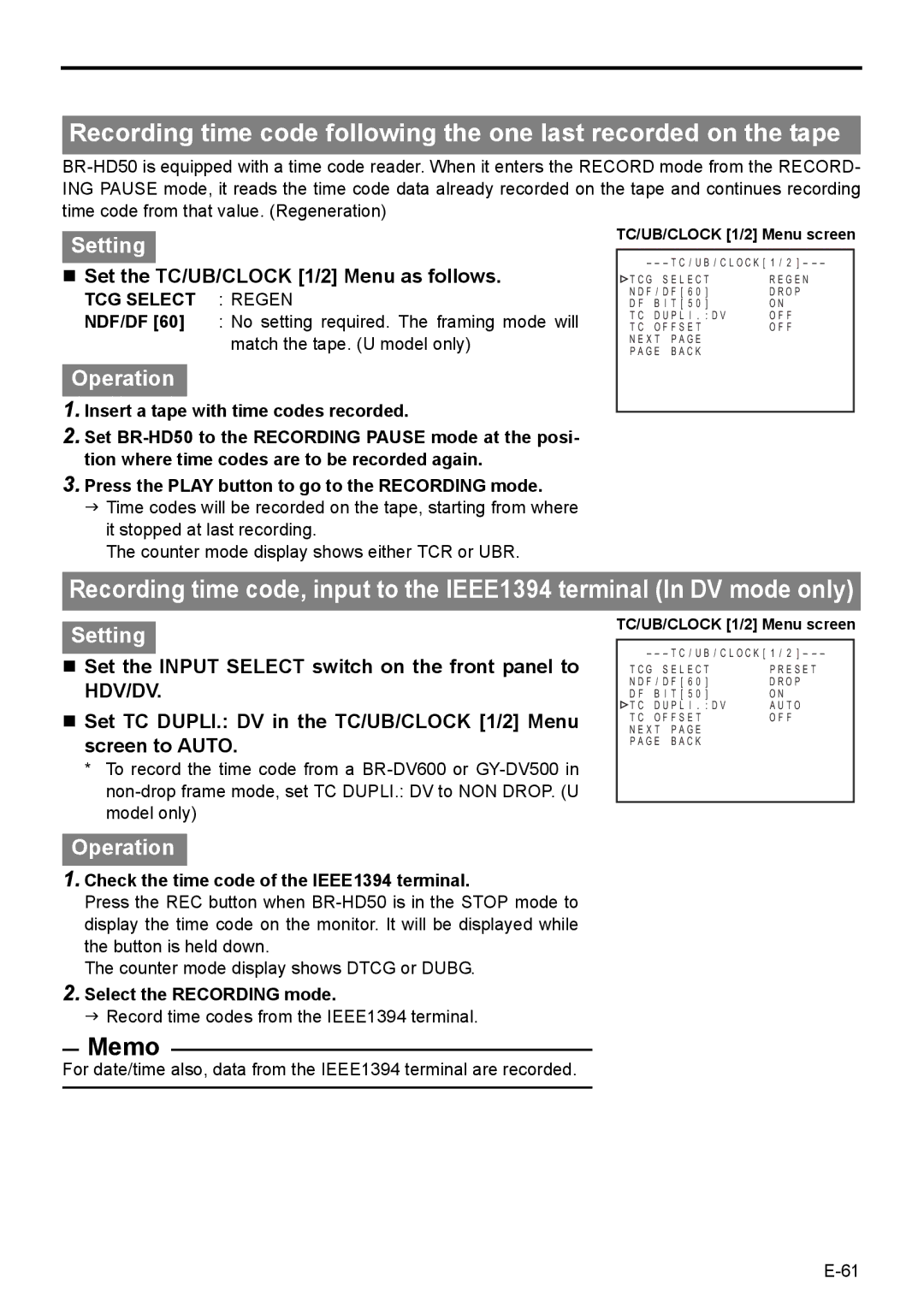 JVC BR-HD50E TCG Select Regen, Counter mode display shows either TCR or UBR, Check the time code of the IEEE1394 terminal 