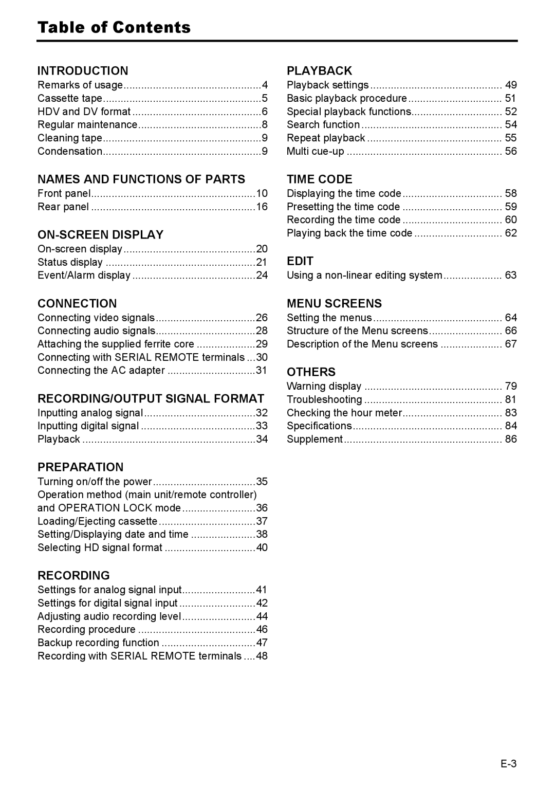 JVC BR-HD50E instruction manual Table of Contents 