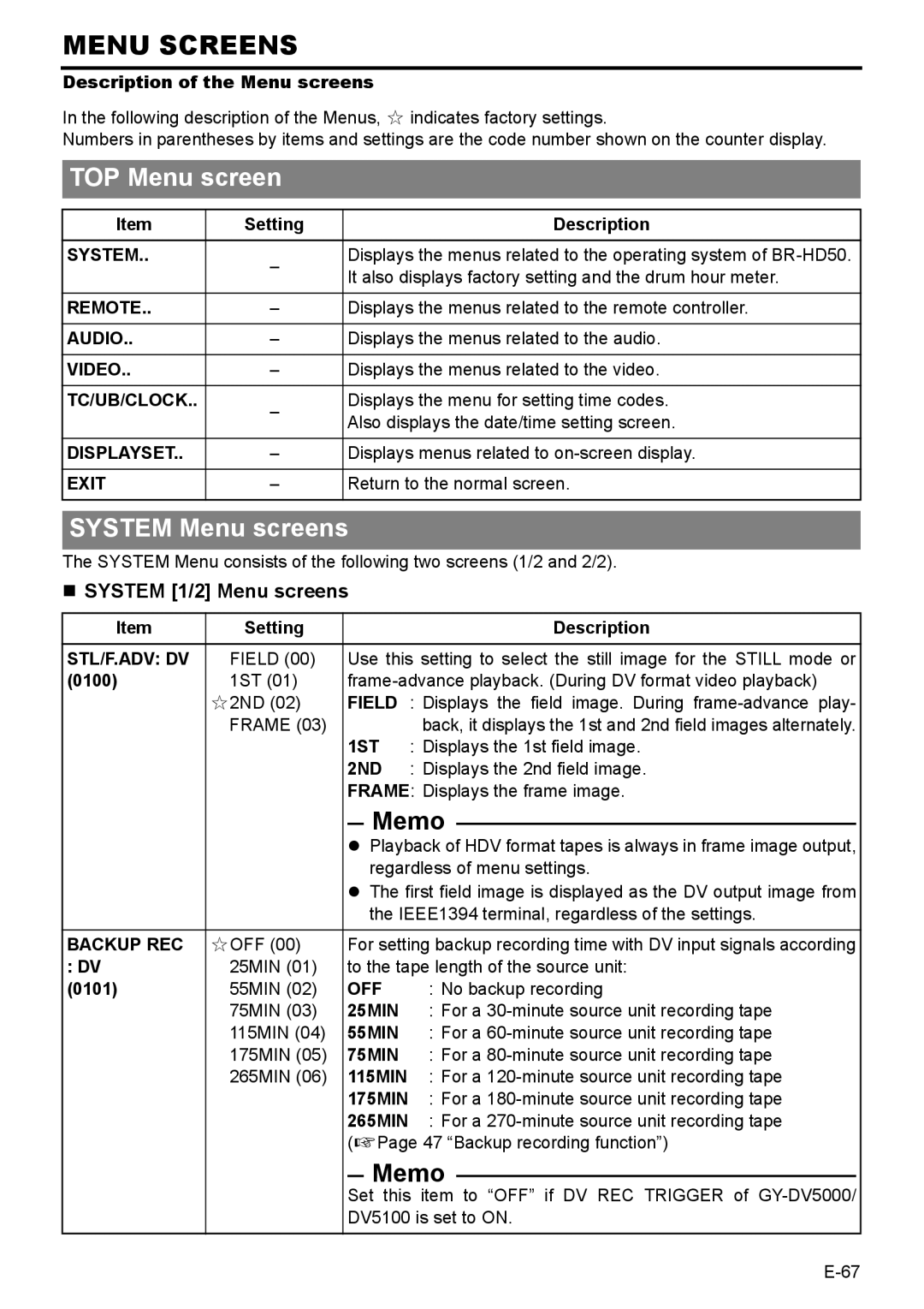 JVC BR-HD50E instruction manual TOP Menu screen, System Menu screens, „ System 1/2 Menu screens 