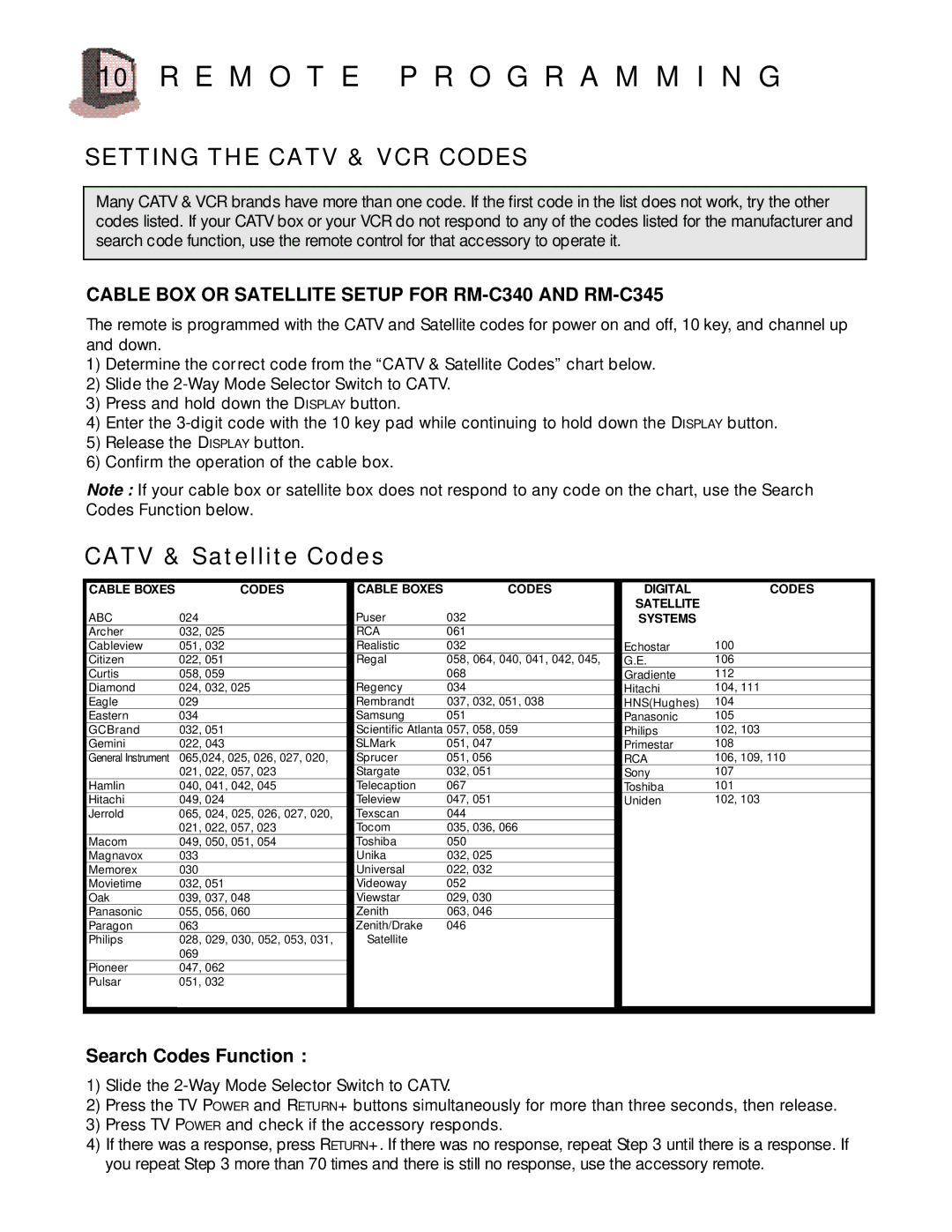 JVC AV-27015, C 13011, C-20010, C-13010, AV-20020, AV-20021 manual E M O T E P R O G R a M M I N G, Setting the Catv & VCR Codes 