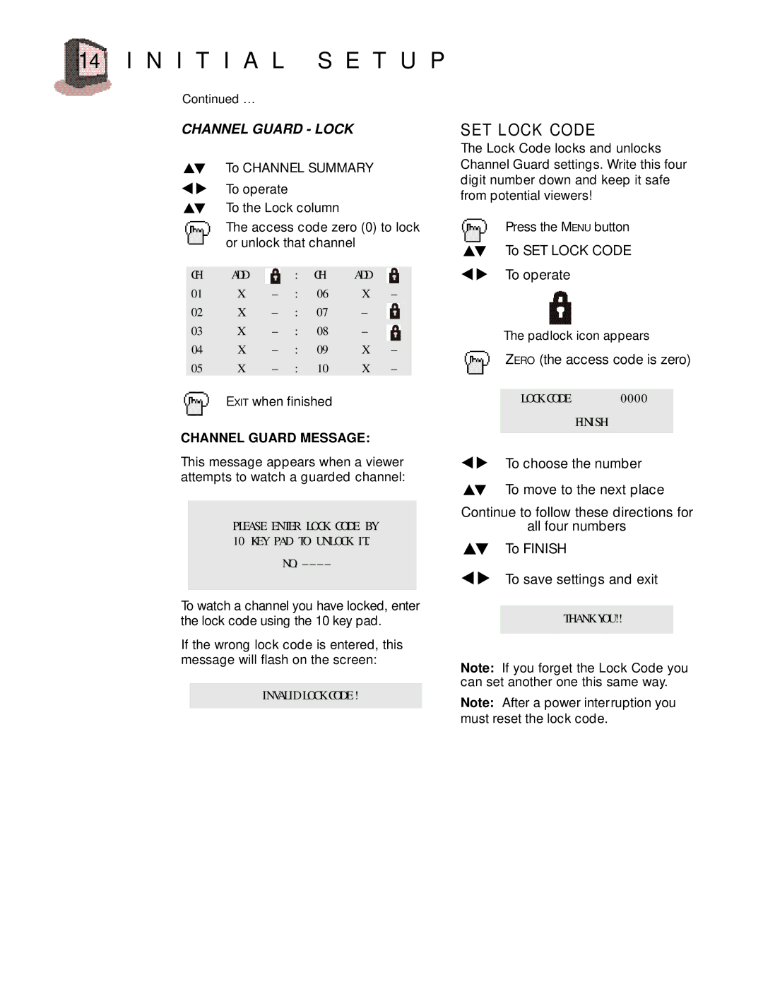 JVC C 13011, C-20010, C-13010, AV-27015, AV-20020, AV-20021, AV 27020 manual N I T I a L S E T U P, SET Lock Code 