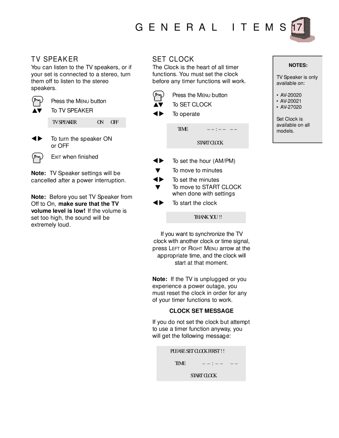 JVC AV-27015, C 13011, C-20010, C-13010, AV-20020, AV-20021, AV 27020 manual N E R a L I T E M S, TV Speaker, SET Clock 