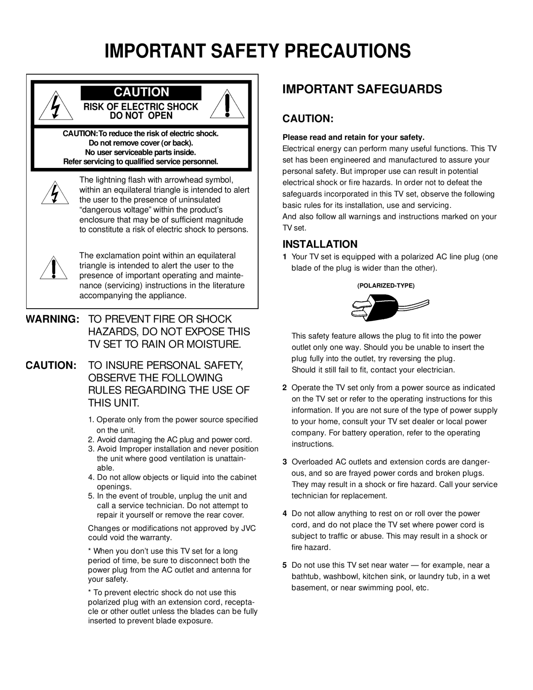 JVC C-13010, C 13011, C-20010, AV-27015, AV-20020, AV-20021, AV 27020 manual Installation, Risk of Electric Shock Do not Open 