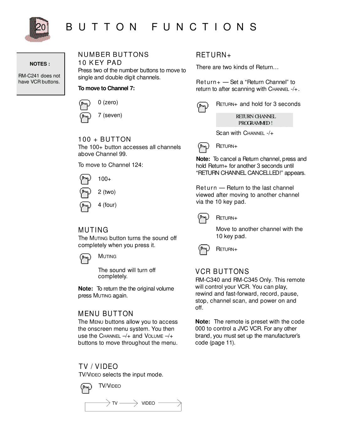 JVC AV 27020, C 13011, C-20010, C-13010, AV-27015, AV-20020, AV-20021 manual U T T O N F U N C T I O N S 