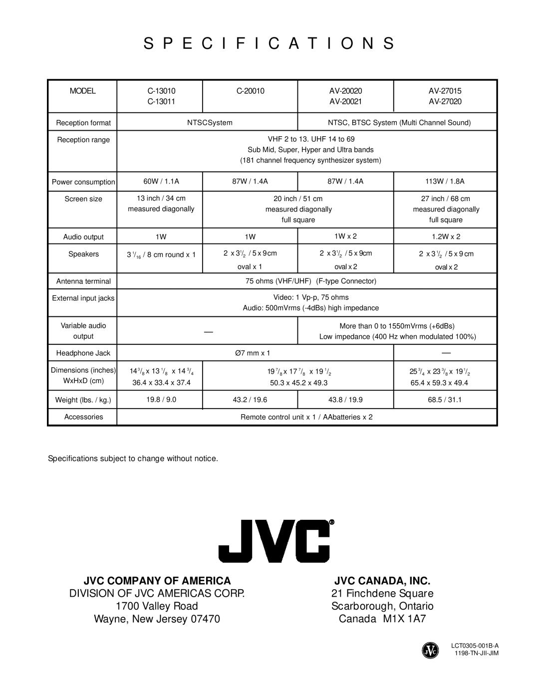 JVC AV-27015, C 13011, C-20010, C-13010, AV-20020, AV-20021, AV 27020 Specification S, JVC Company of America JVC CANADA, INC 