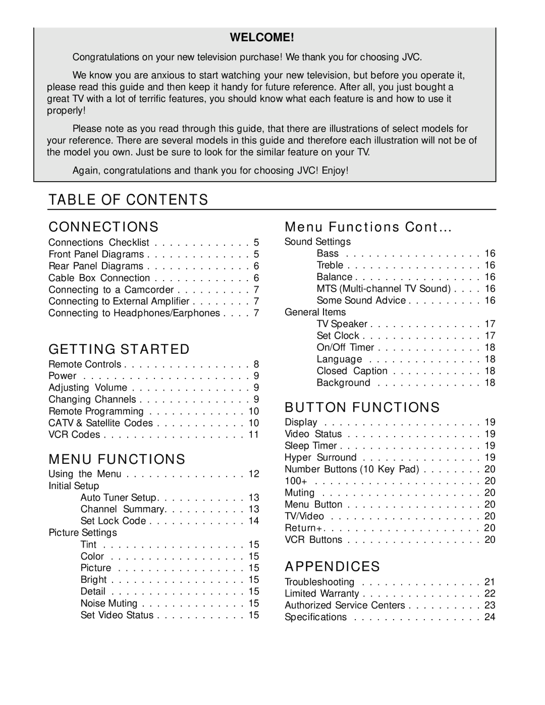 JVC AV-20020, C 13011, C-20010, C-13010, AV-27015, AV-20021, AV 27020 manual Table of Contents 