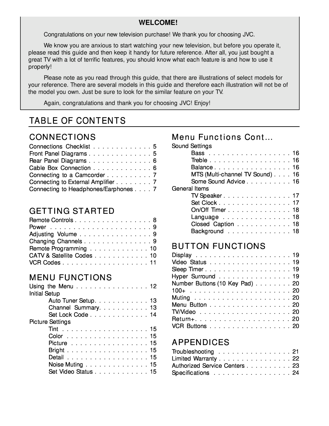 JVC AV-20020 manual Table Of Contents, Connections, Getting Started, Menu Functions Cont, Button Functions, Appendices 