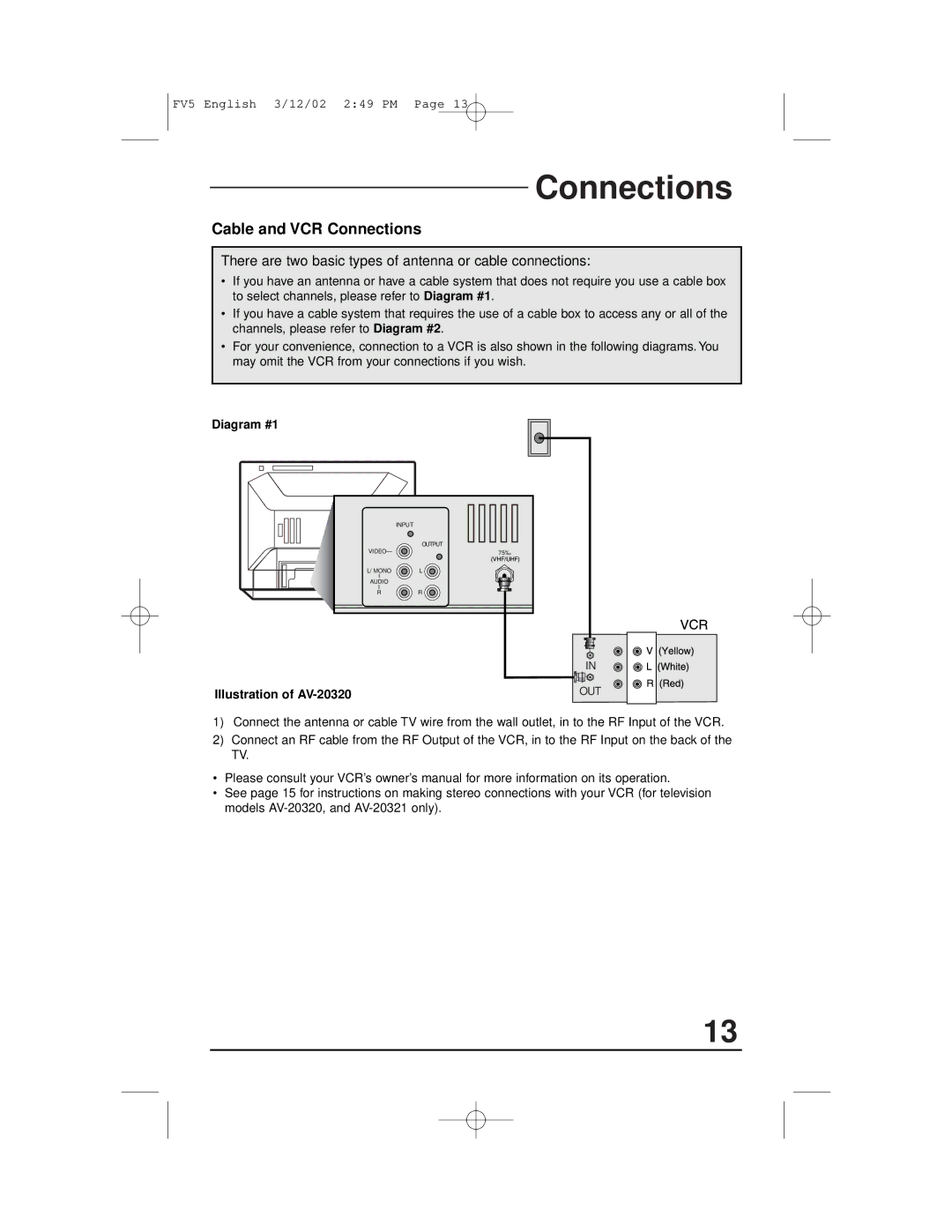 JVC C-13310, C-13311, C-20310, AV-20321 manual Cable and VCR Connections, Diagram #1 