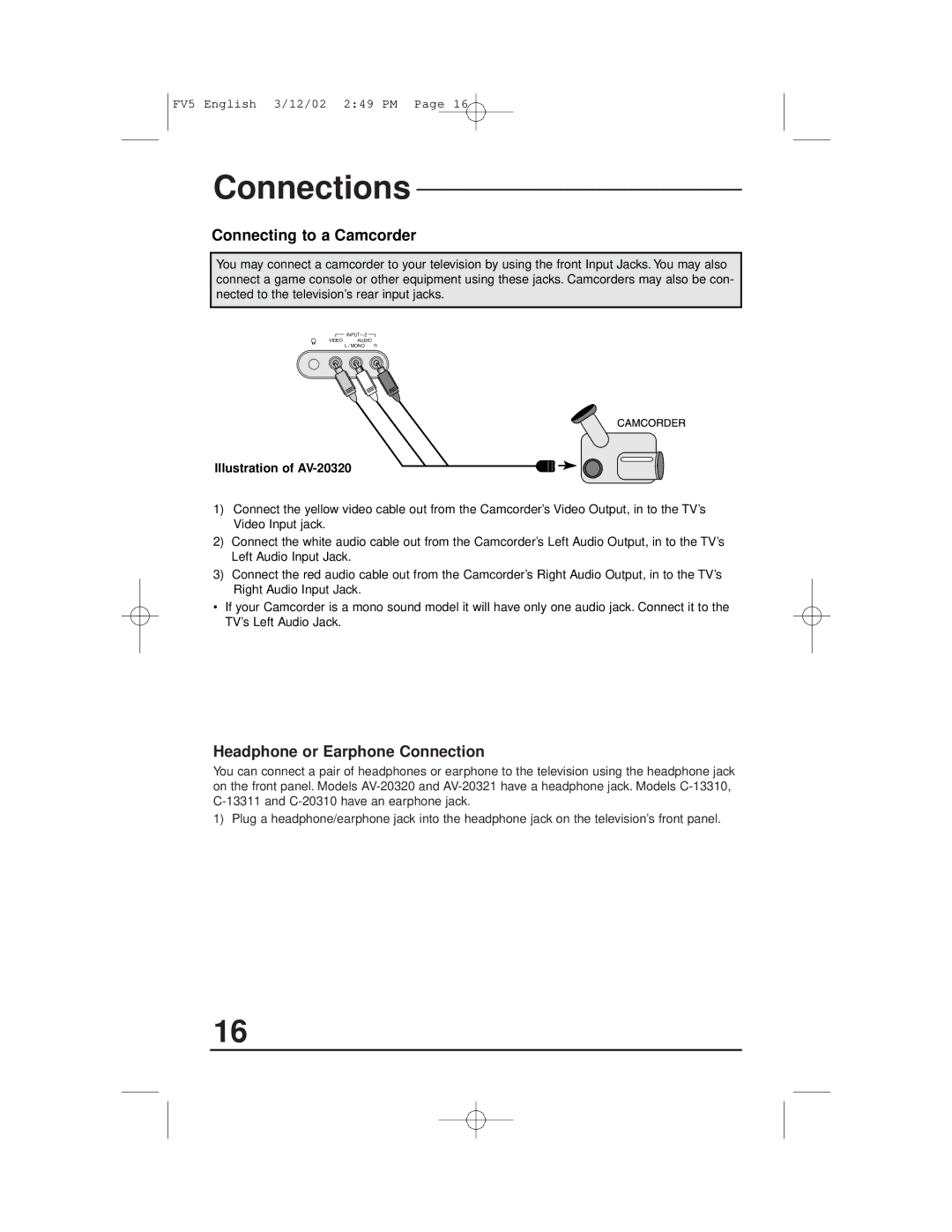 JVC C-13311, C-13310, C-20310, AV-20321 manual Connecting to a Camcorder, Headphone or Earphone Connection 