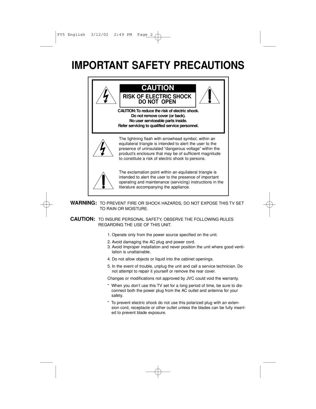 JVC C-20310, C-13311, C-13310, AV-20321 manual Important Safety Precautions 