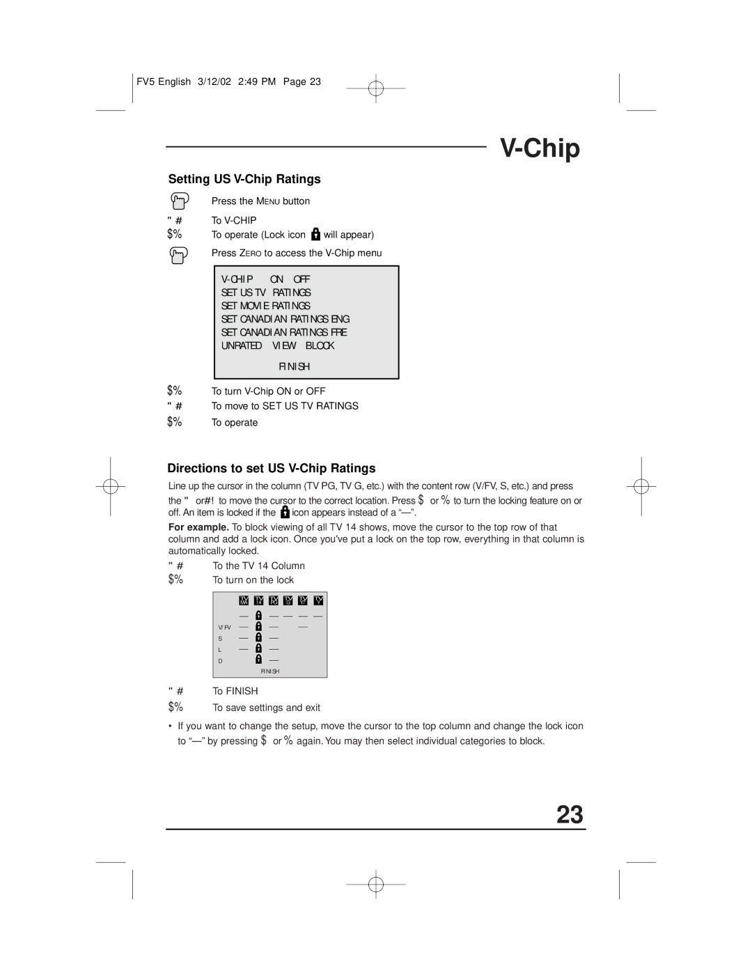 JVC AV-20321, C-13311, C-13310, C-20310 manual Setting US V-Chip Ratings, Directions to set US V-Chip Ratings 