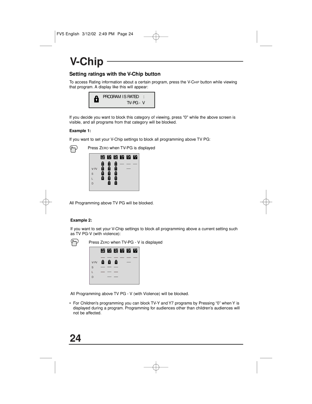 JVC C-13311, C-13310, C-20310, AV-20321 manual Setting ratings with the V-Chip button, Program is Rated TV-PG, Example 