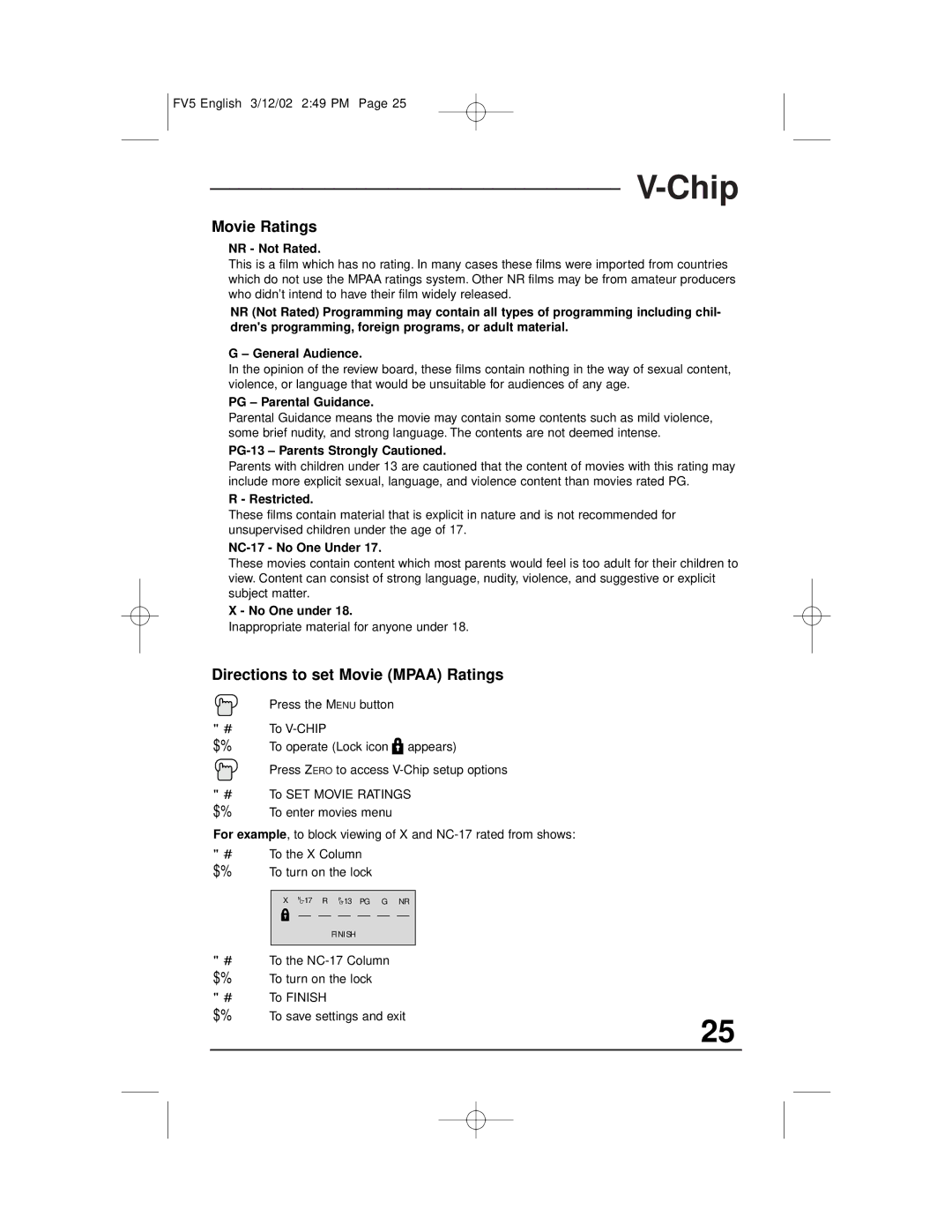 JVC C-13310, C-13311, C-20310, AV-20321 manual Movie Ratings, Directions to set Movie Mpaa Ratings 