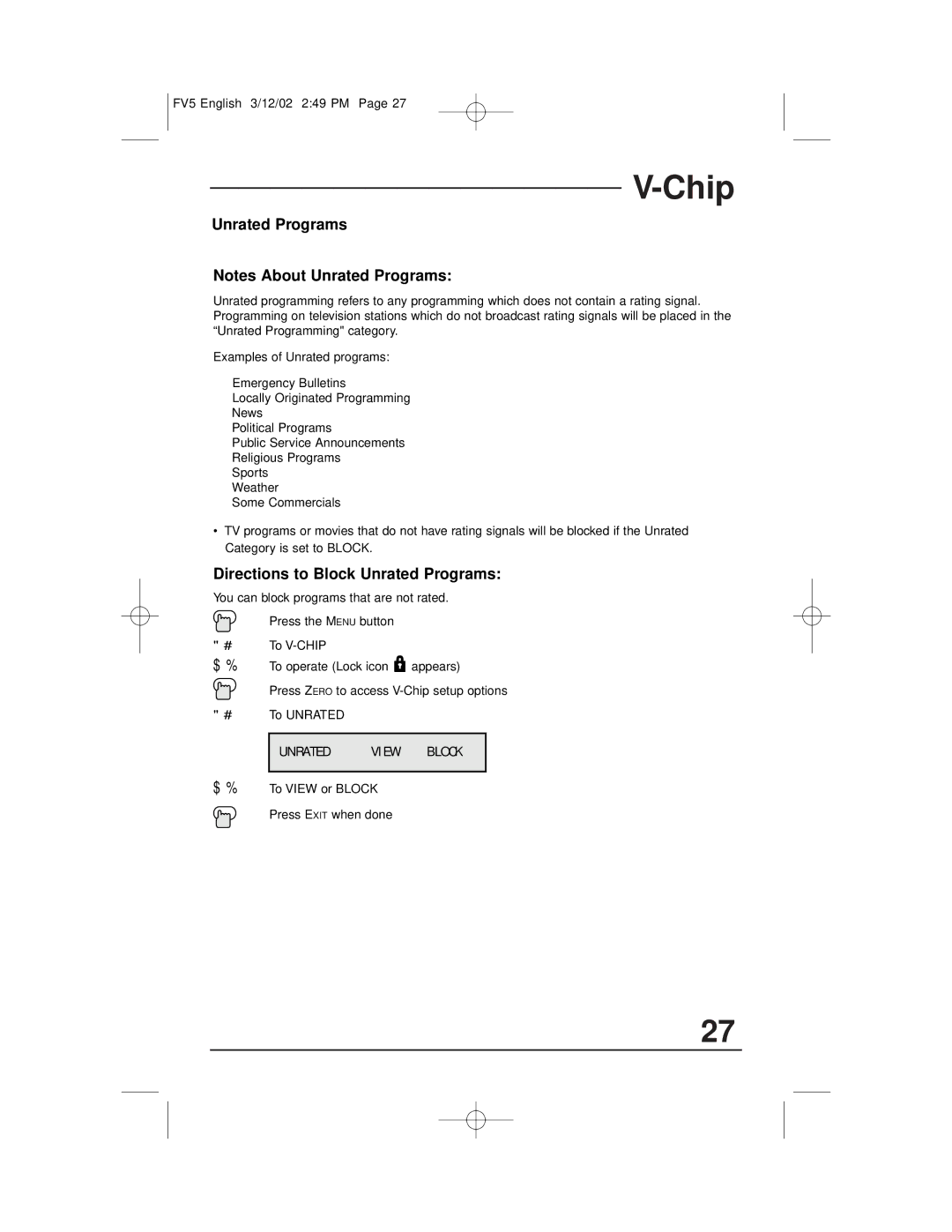 JVC AV-20321, C-13311, C-13310, C-20310 manual Directions to Block Unrated Programs 