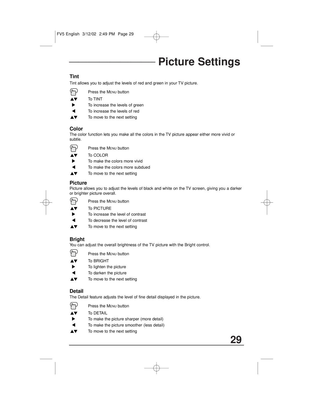 JVC C-13310, C-13311, C-20310, AV-20321 manual Picture Settings 