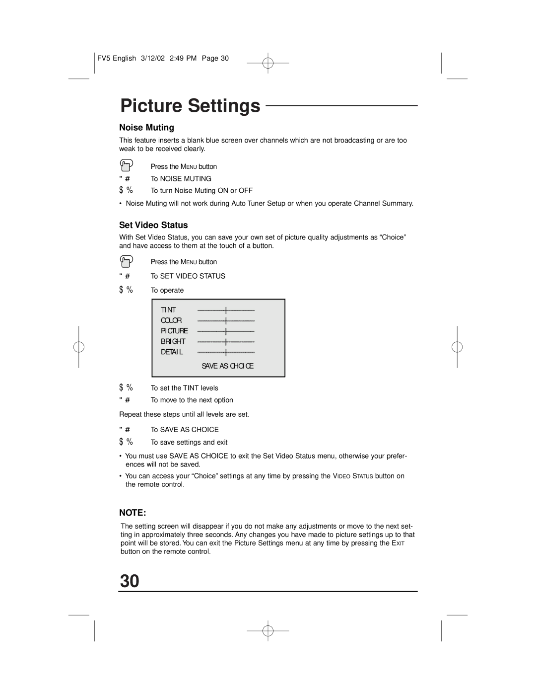 JVC C-20310, C-13311, C-13310, AV-20321 manual Noise Muting, Set Video Status, Tint Color, Bright Detail 