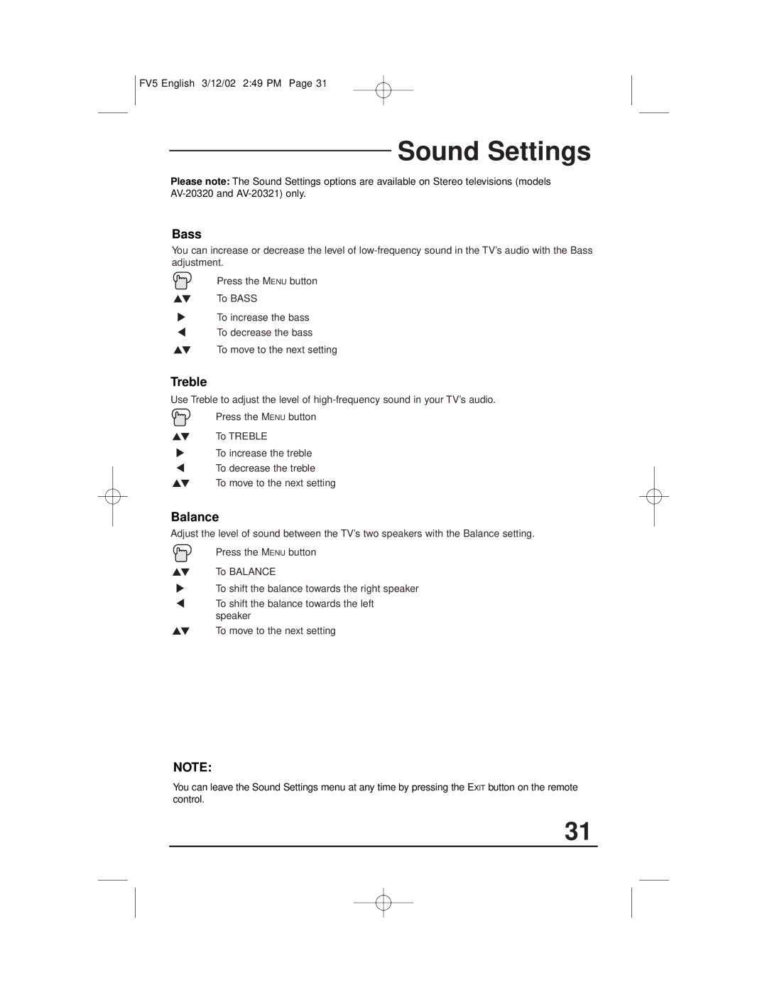 JVC AV-20321, C-13311, C-13310, C-20310 manual Sound Settings, Bass, Treble, Balance 