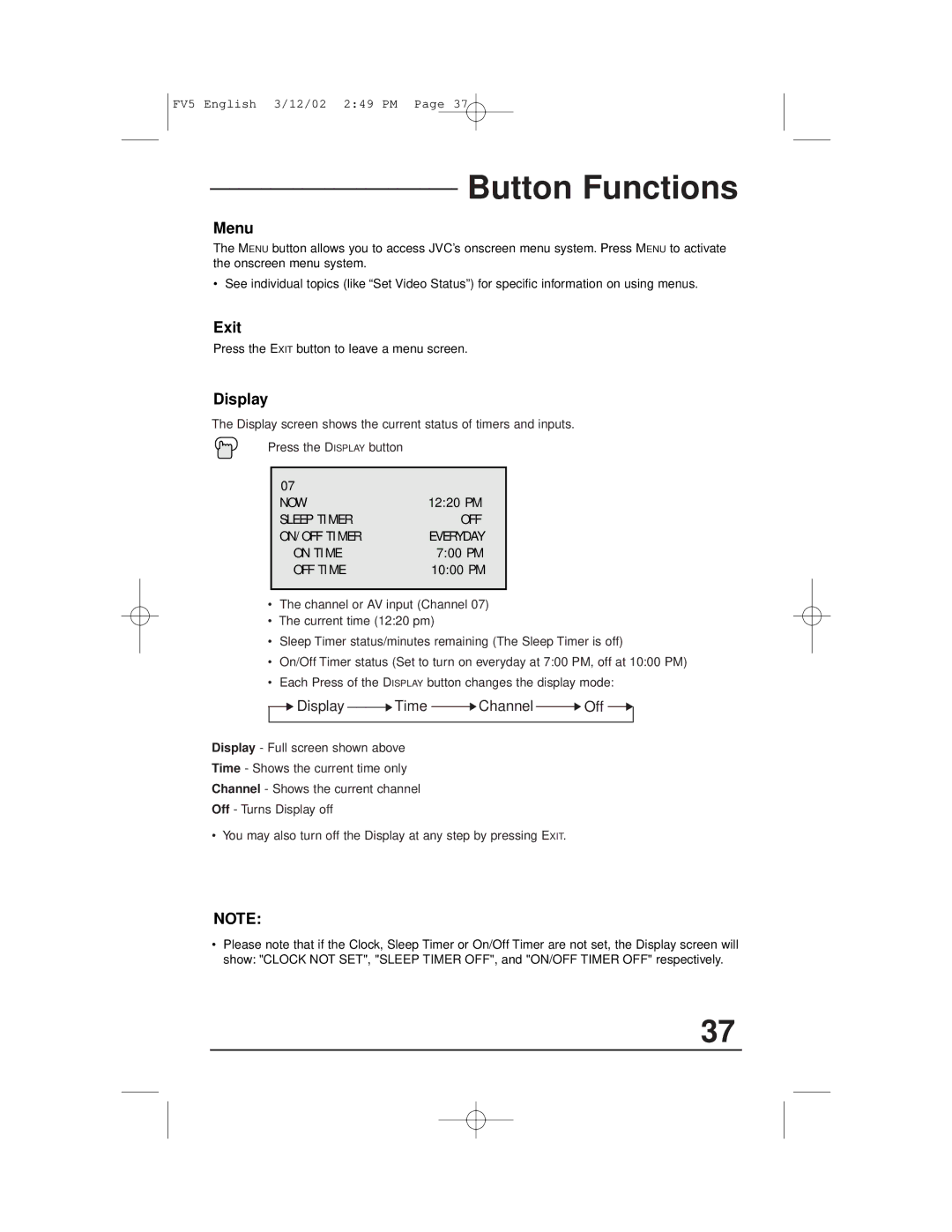 JVC C-13310, C-13311, C-20310, AV-20321 manual Button Functions, Menu, Exit, Display 