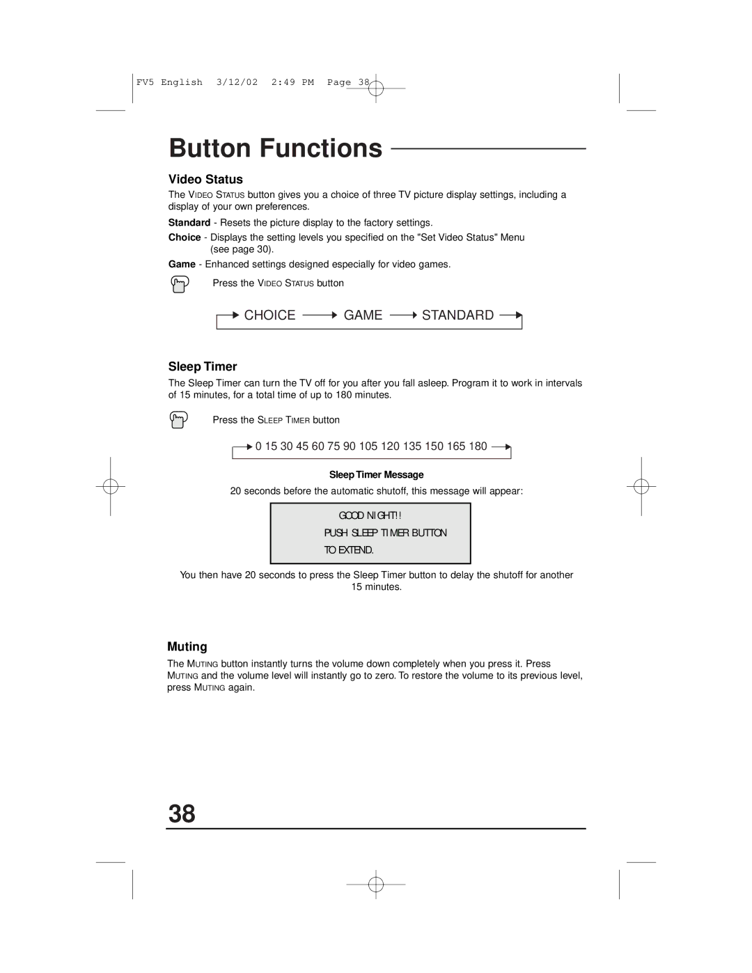 JVC C-20310, C-13311, C-13310 Video Status, Muting, Good Night Push Sleep Timer Button To Extend, Sleep Timer Message 