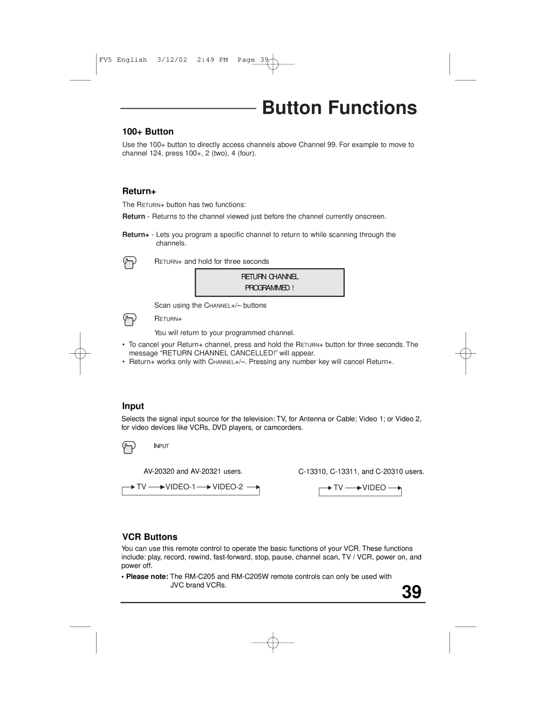 JVC AV-20321, C-13311, C-13310, C-20310 manual 100+ Button, Return+, Input, VCR Buttons, Return Channel Programmed 