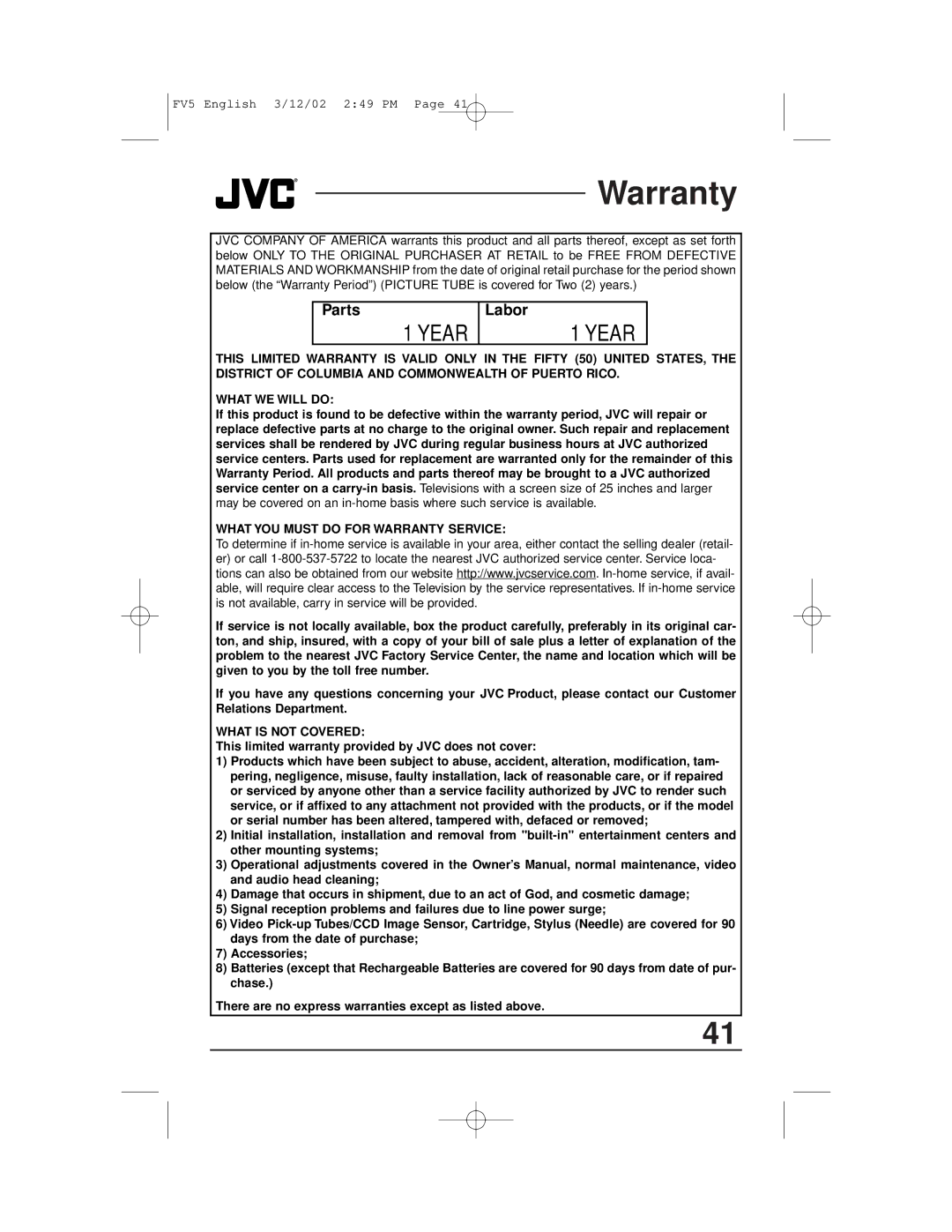 JVC C-13310, C-13311, C-20310, AV-20321 manual Warranty, Parts, Labor, This limited warranty provided by JVC does not cover 