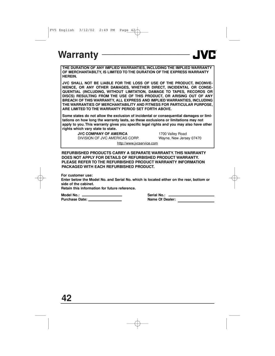 JVC C-20310, C-13311, C-13310, AV-20321 manual Name Of Dealer 