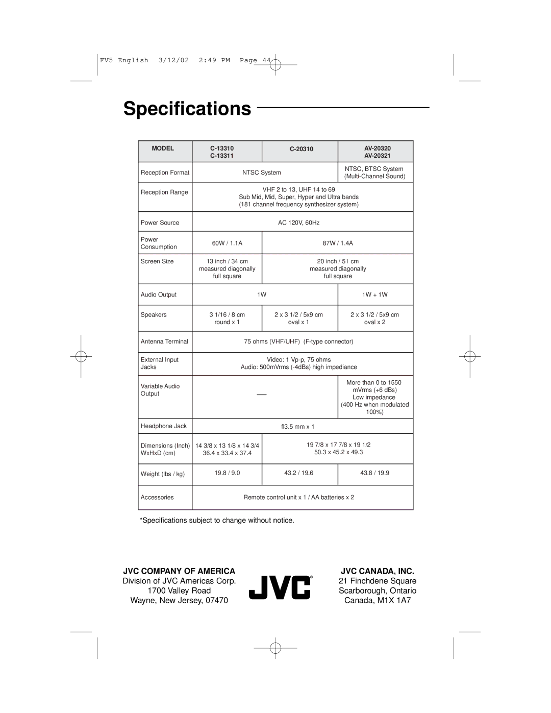 JVC C-13311, C-13310, C-20310, AV-20321 manual Specifications, Model 