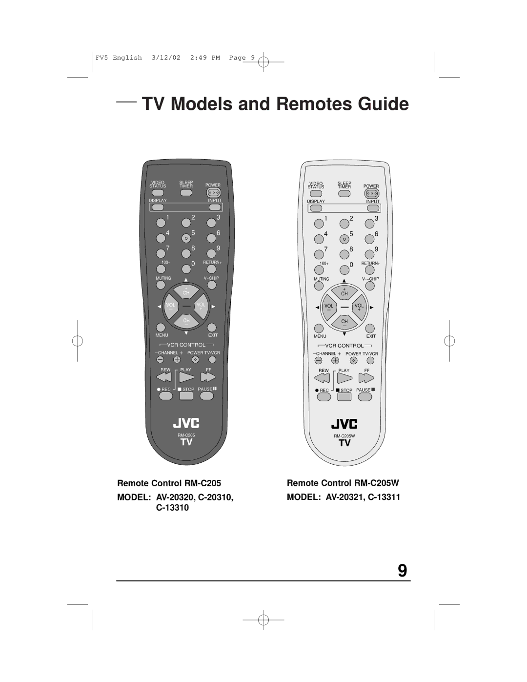 JVC C-13310 manual Remote Control RM-C205 Model AV-20320, C-20310 13310, Remote Control RM-C205W Model AV-20321, C-13311 