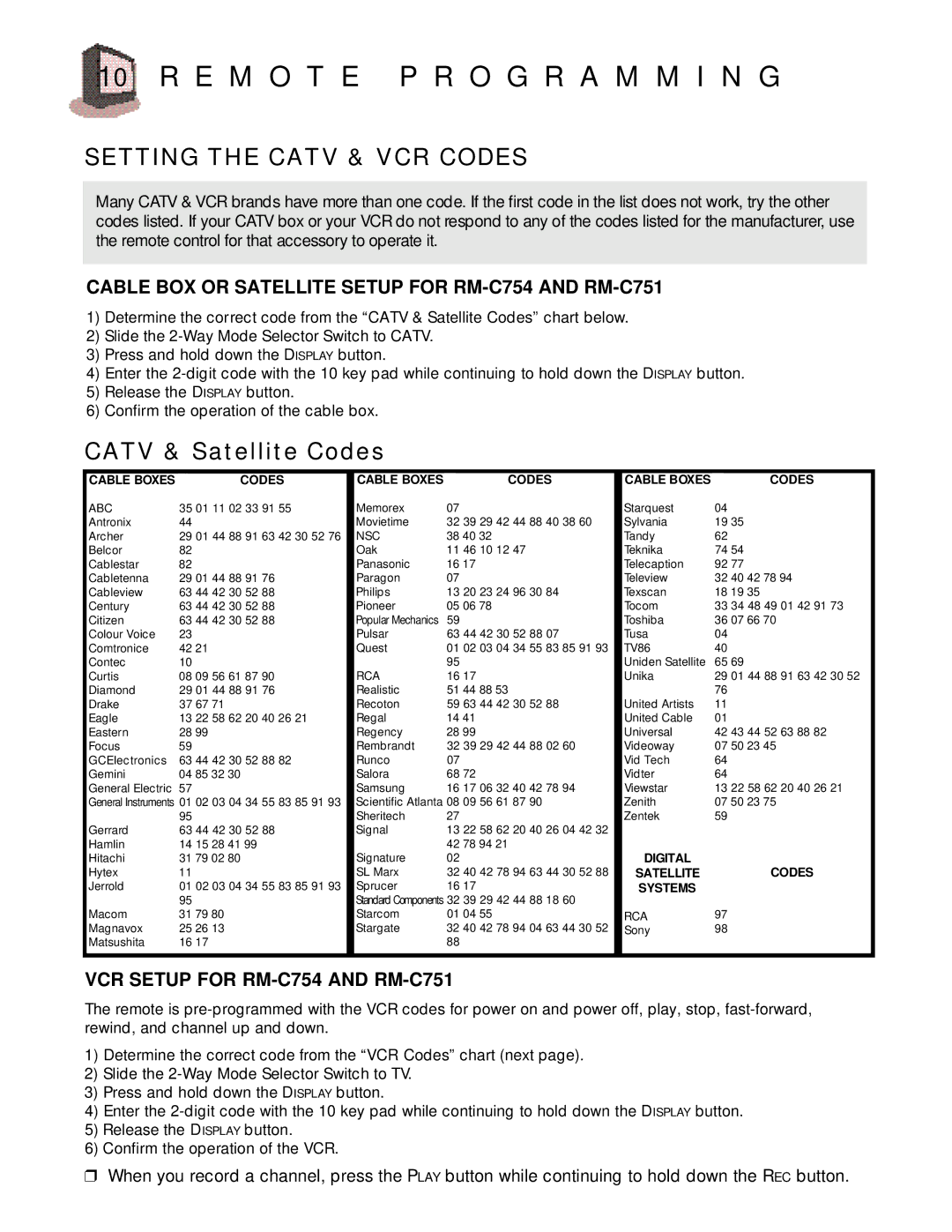 JVC C-13910, C-13911, C-20910, AV-20920, AV-20921, AV-27920 E M O T E P R O G R a M M I N G, Setting the Catv & VCR Codes 