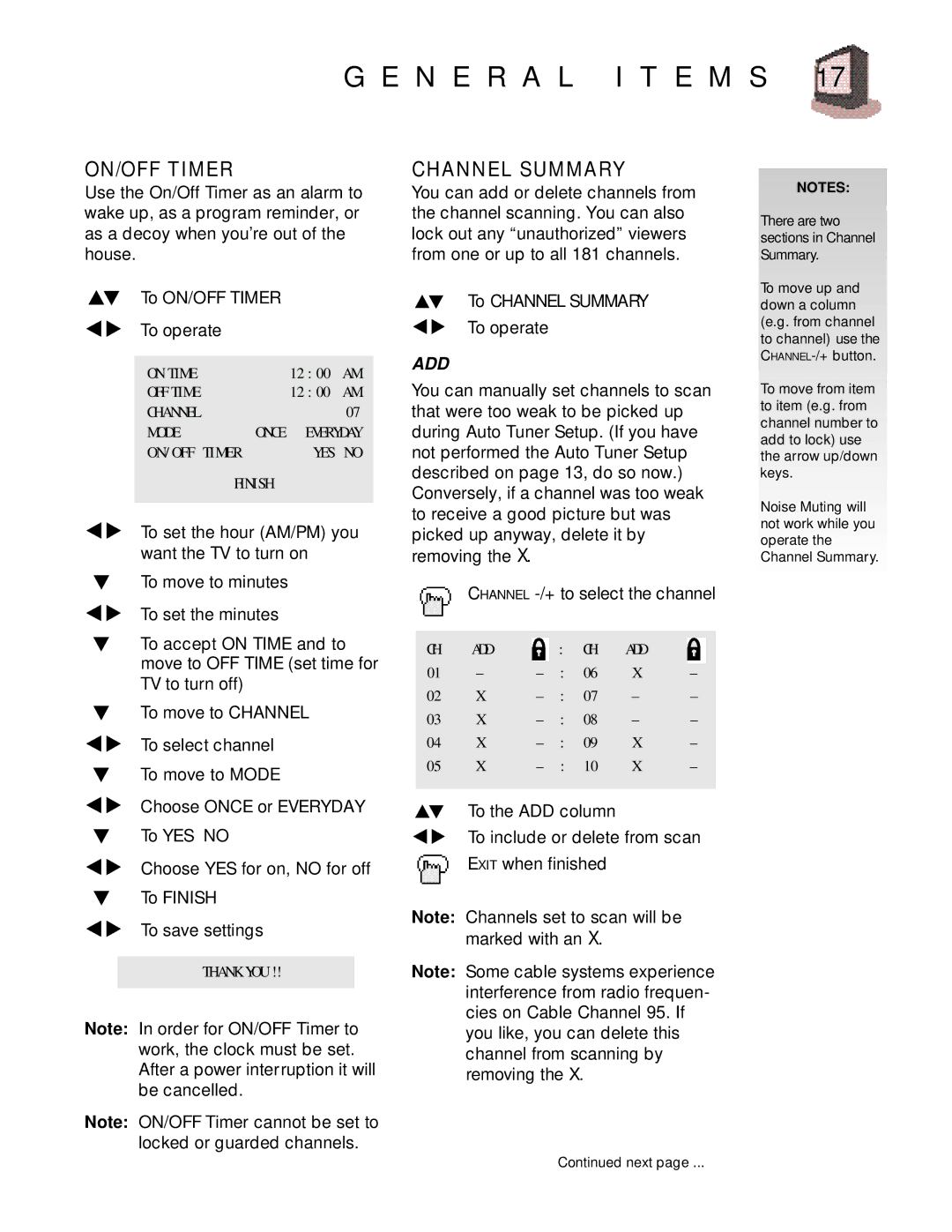 JVC C-13910, C-13911, C-20910, AV-20920, AV-20921, AV-27920 manual N E R a L I T E M S, ON/OFF Timer Channel Summary 