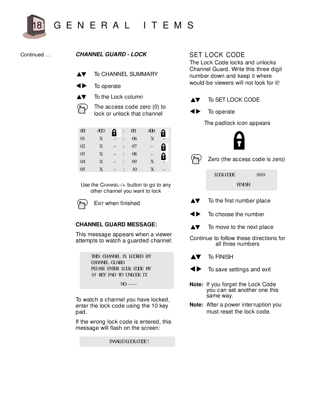 JVC C-13910, C-13911, C-20910, AV-20920, AV-20921, AV-27920 manual SET Lock Code, Channel Guard Message 