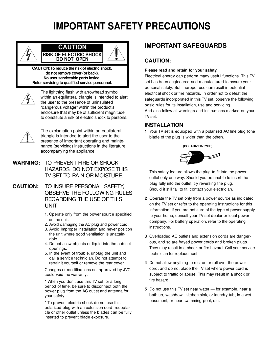 JVC C-13910, C-13911, C-20910, AV-20920, AV-20921, AV-27920 manual Installation, Risk of Electric Shock Do not Open 