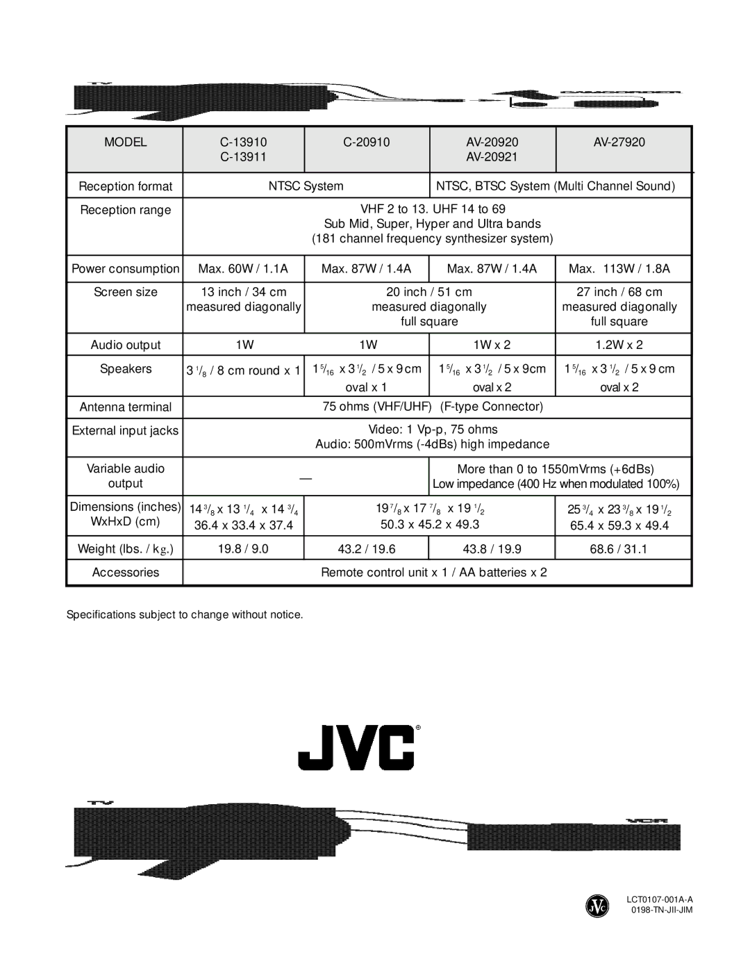 JVC C-13910, C-13911, C-20910, AV-20920, AV-20921, AV-27920 manual Specification S, JVC Company of America JVC CANADA, INC 