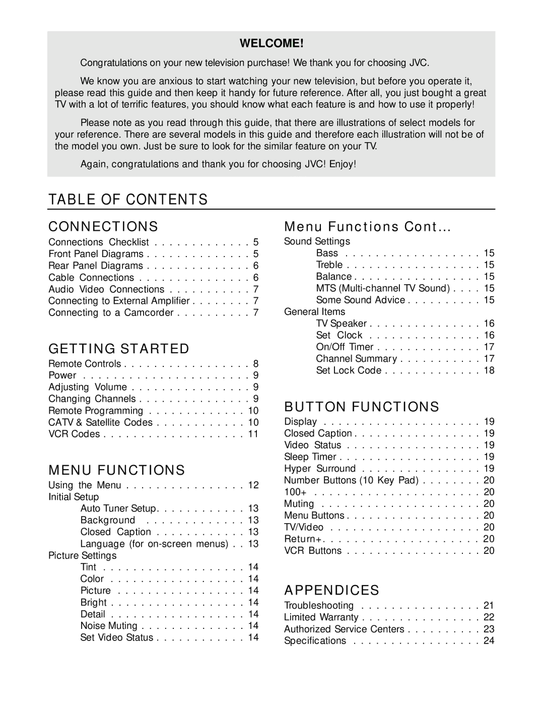 JVC C-13910, C-13911, C-20910, AV-20920, AV-20921, AV-27920 manual Table of Contents 