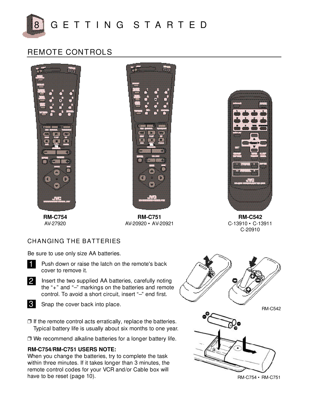 JVC C-13910, C-13911, C-20910, AV-20920, AV-20921, AV-27920 manual E T T I N G S T a R T E D, Remote Controls 