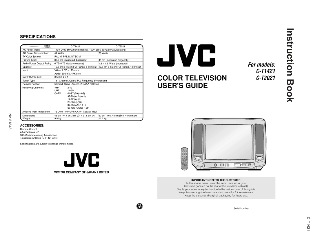 JVC C-T1421, C-T2021 specifications Accessories, Important Note to the Customer 