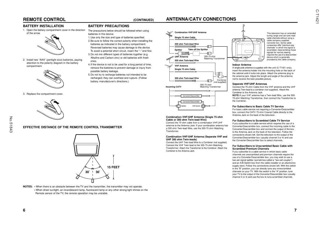 JVC C-T2021, C-T1421 Remote Control ANTENNA/CATV Connections, 51843, Battery Installation, Battery Precautions 