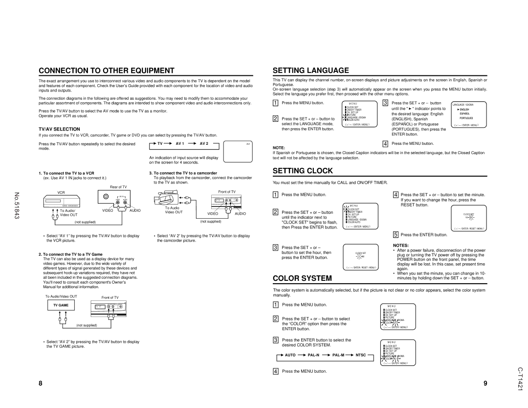 JVC C-T1421, C-T2021 Connection to Other Equipment, Setting Language, Setting Clock, Color System, TV/AV Selection 