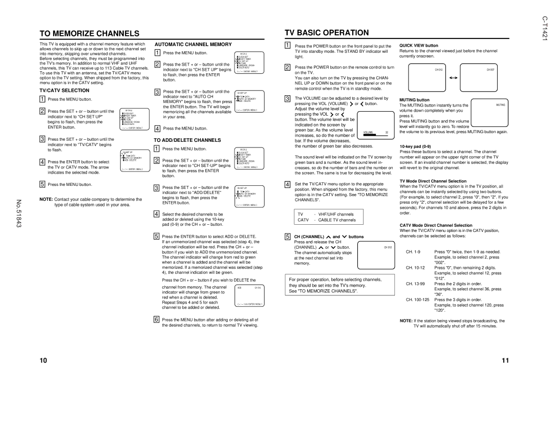 JVC C-T2021 To Memorize Channels TV Basic Operation, Automatic Channel Memory, TV/CATV Selection, To ADD/DELETE Channels 