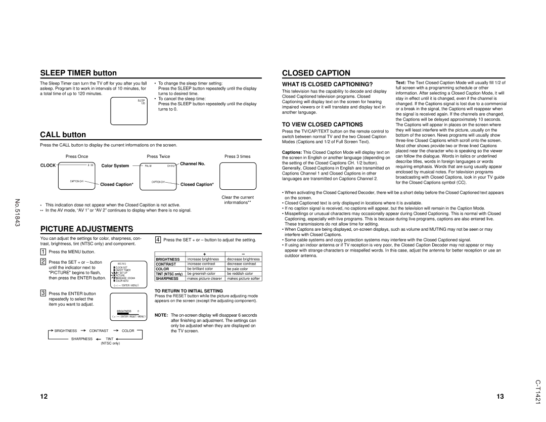 JVC C-T1421, C-T2021 specifications Picture Adjustments, What is Closed CAPTIONING?, To View Closed Captions 