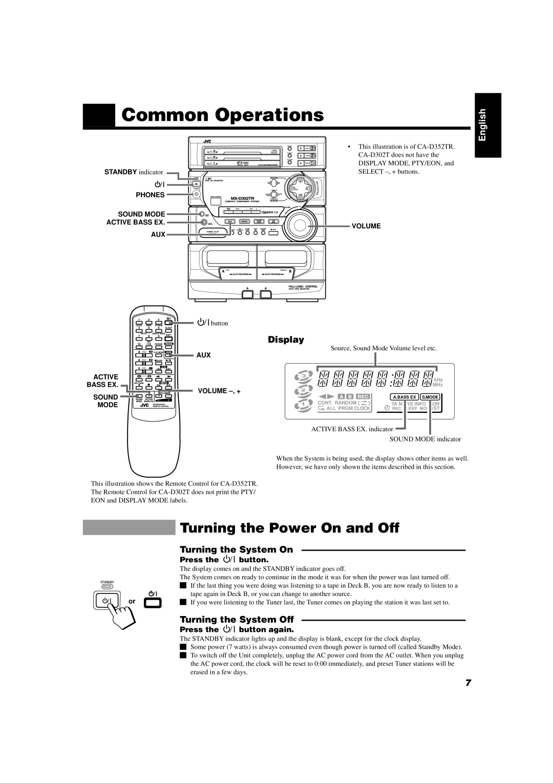 JVC CA-D302T manual Common Operations, Turning the Power On and Off, Display, Turning the System On, Turning the System Off 