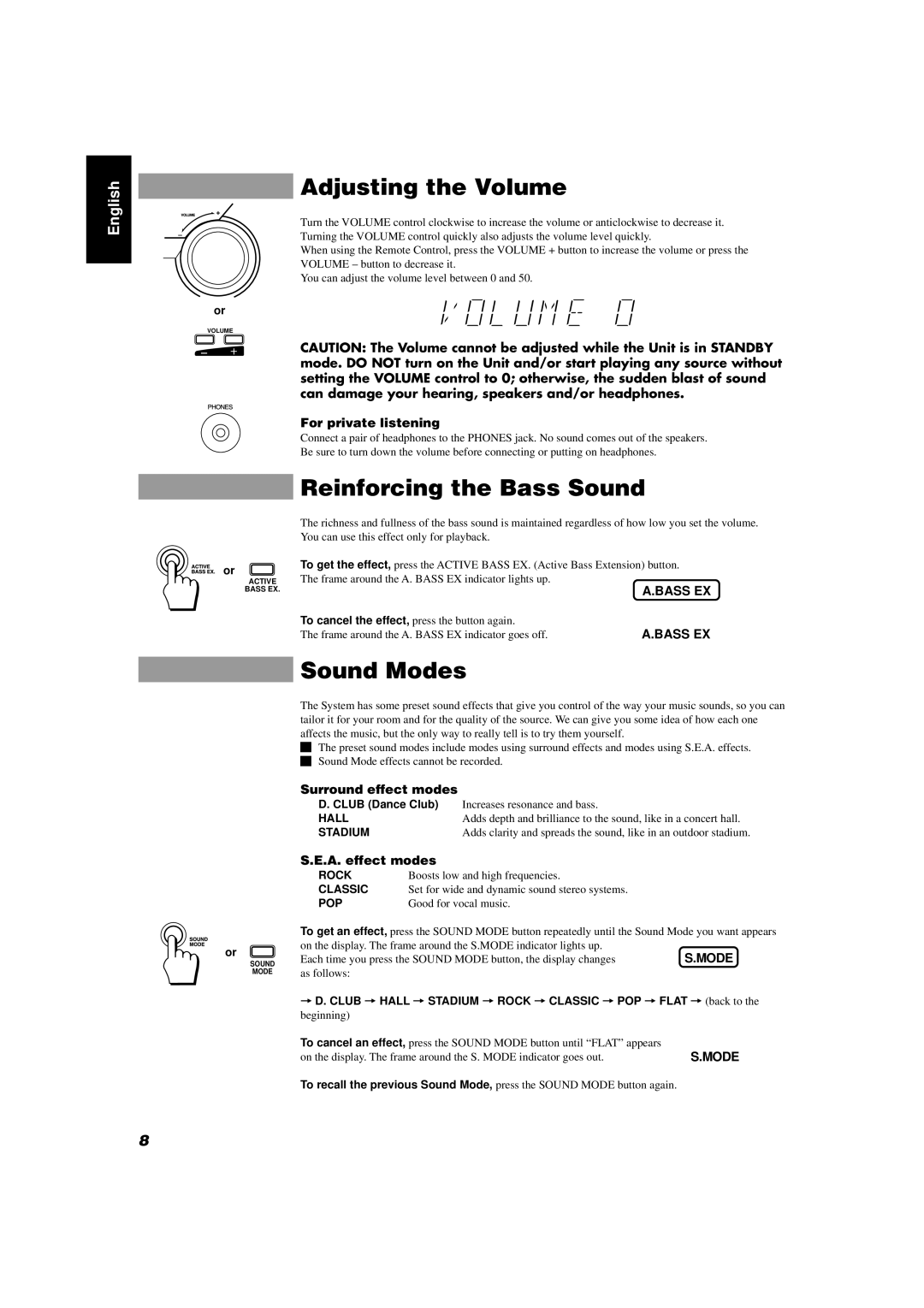 JVC CA-D352TR, CA-D302T manual Adjusting the Volume, Reinforcing the Bass Sound, Sound Modes 