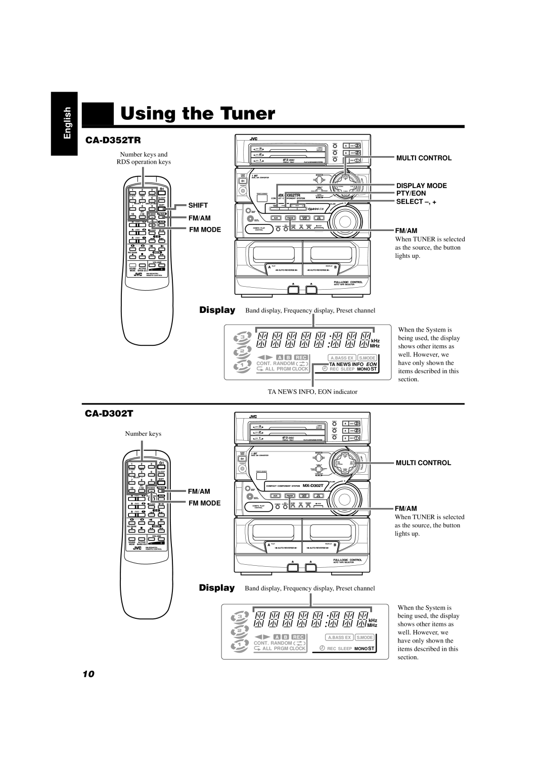 JVC CA-D352TR manual Using the Tuner, CA-D302T 