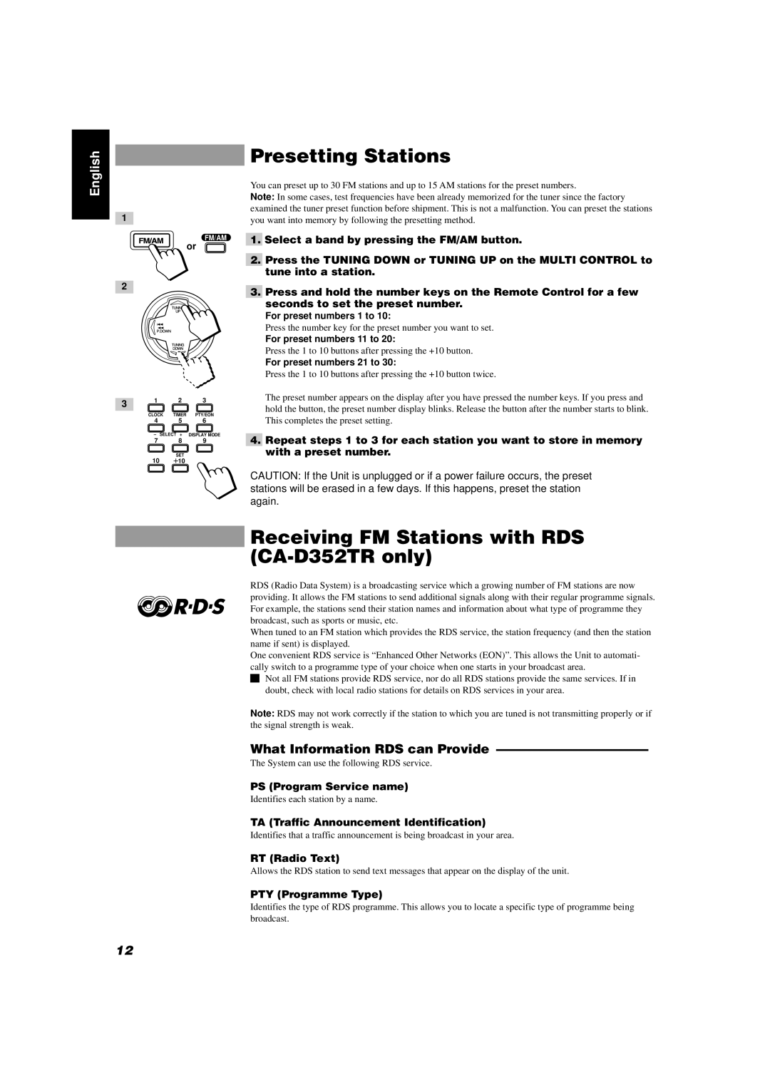 JVC CA-D302T manual Presetting Stations, Receiving FM Stations with RDS CA-D352TR only, What Information RDS can Provide 