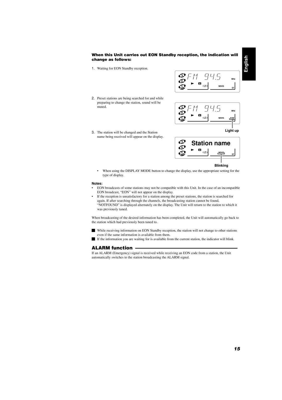 JVC CA-D302T, CA-D352TR manual Alarm function, Light up, Blinking 